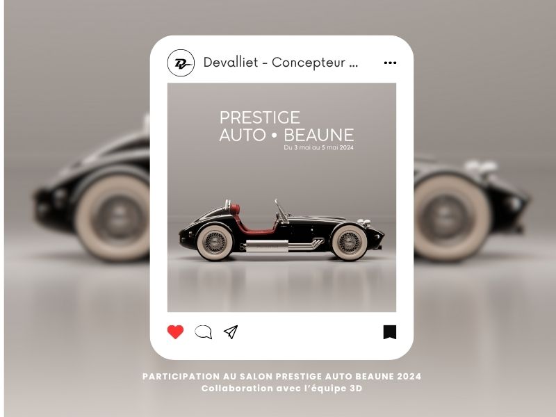 Création de visuels événementiels pour Instagram – Prestige Auto Beaune, voiture noire et intérieur rouge