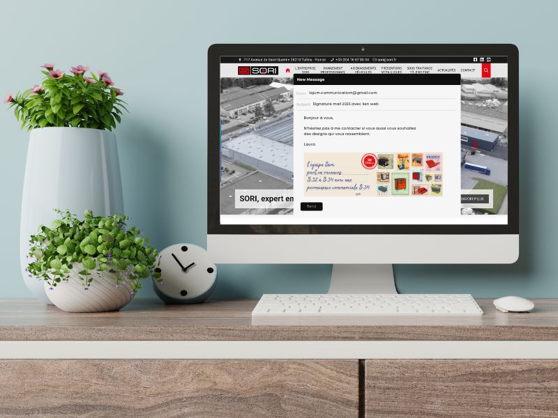 Création de signature mail personnalisée pour Sori illustrant la fermeture estivale avec des produits mis en timbre.