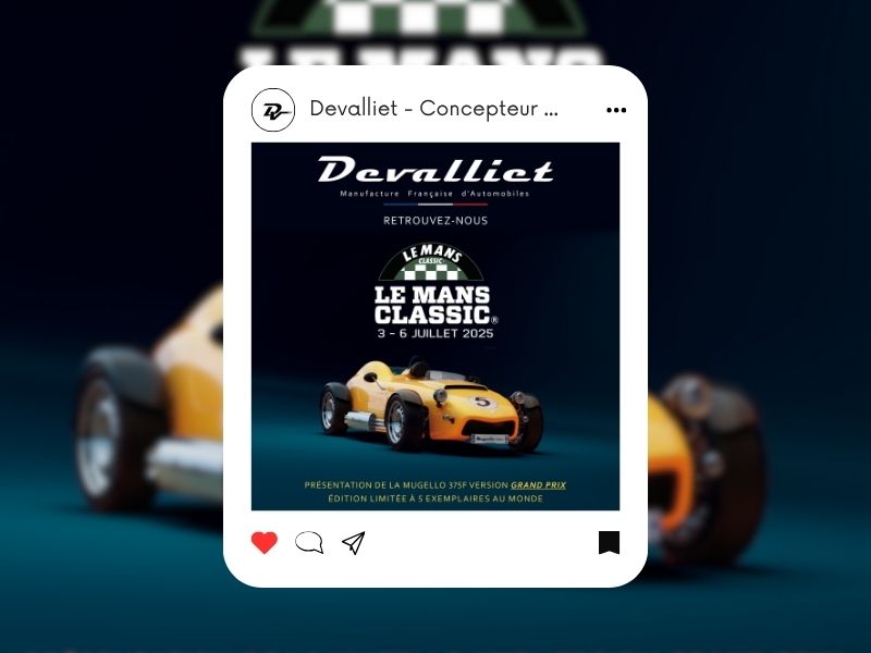 Mockup vignette Instagram avec visuel Devalliet GP jaune sur fond bleu, logo du salon automobile Le Mans 2025.