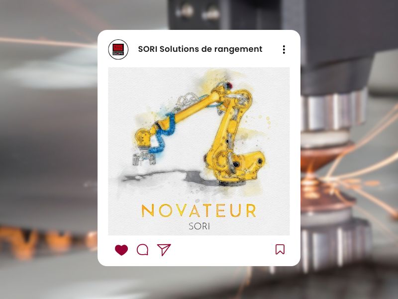 Bras robotisé jaune stylisé en aquarelle avec le mot "Novateur", visuel de communication pour l’usine 4.0 de SORI.