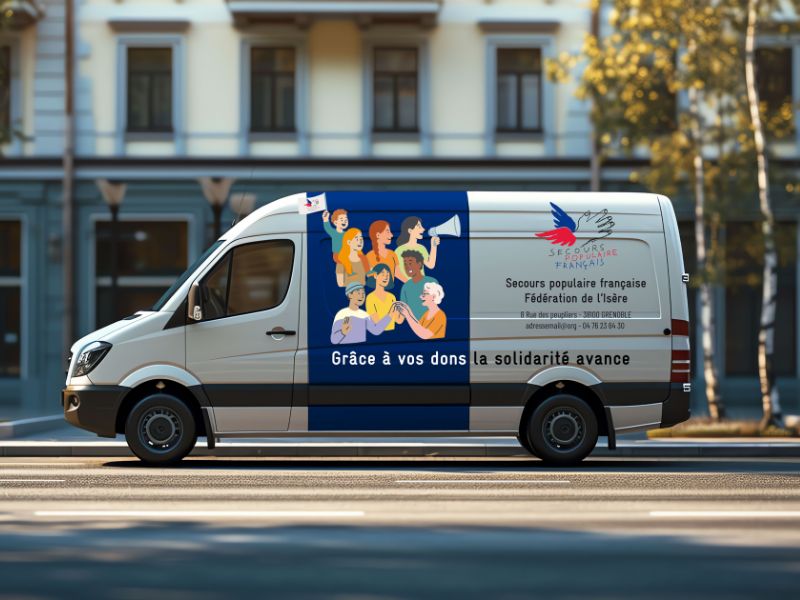 Illustration vectorielle colorée sur le flanc d’un camion Trafic, représentant la solidarité, la diversité et l’appel aux dons pour le Secours Populaire.
